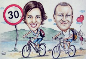 Színes biciklis karikatúra készítése 30. születésnapra ajándékba