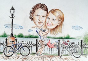 Színes biciklis ceruzarajz karikatúra készítése
